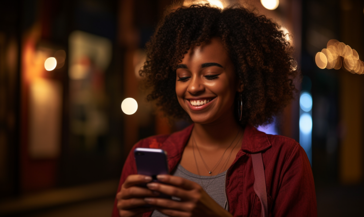 African American woman in her 20's holding a phone smiling | Madison Ave Magazine