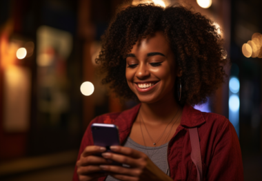 African American woman in her 20's holding a phone smiling | Madison Ave Magazine