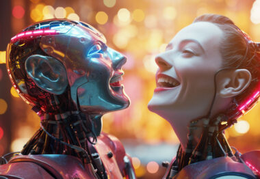AI represented by a happy robot and a human | Madison Ave Magazine