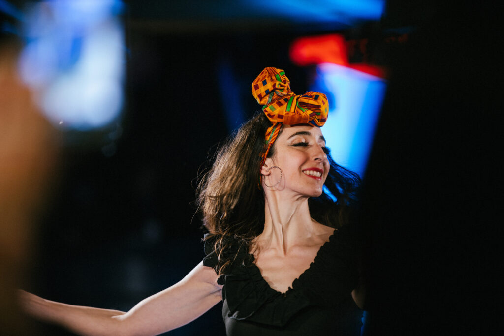 A dancer delights in the crowd - New York Fashion Week