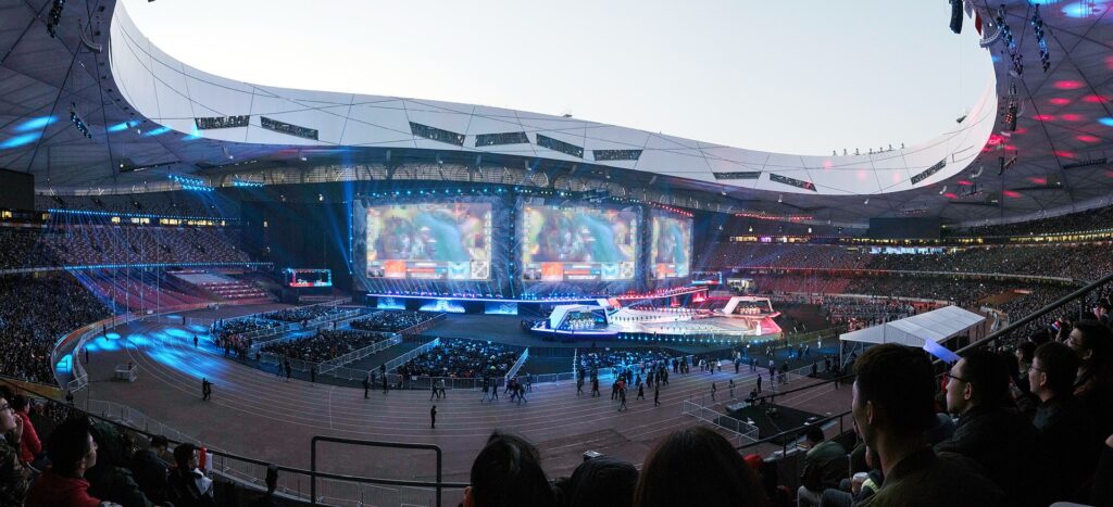 A photograph of the League of Legends World Championship 2017 Finals – between SKT T1 and Samsung Galaxy – held in the Beijing National Stadium, China