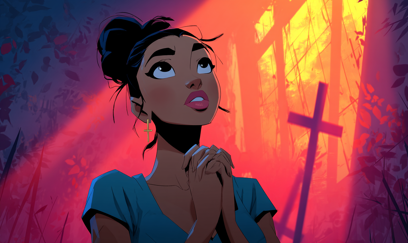 Mixed race girl praying while looking up to the sky while praying